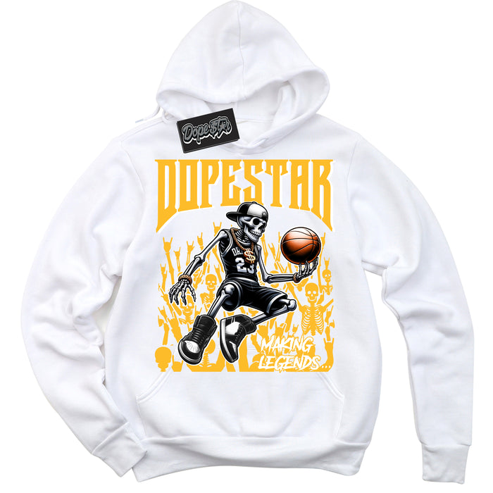 Cool White Hoodie with “ Making Legends ”  design that Perfectly Matches White University Gold Sneakers.