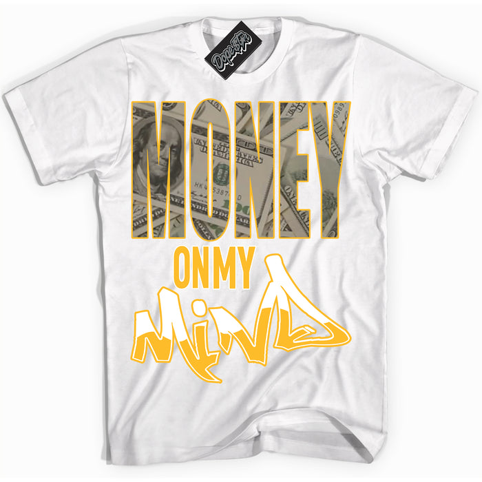 Cool White Shirt with “ Money On My Mind ” design that perfectly matches White University Gold Sneakers.
