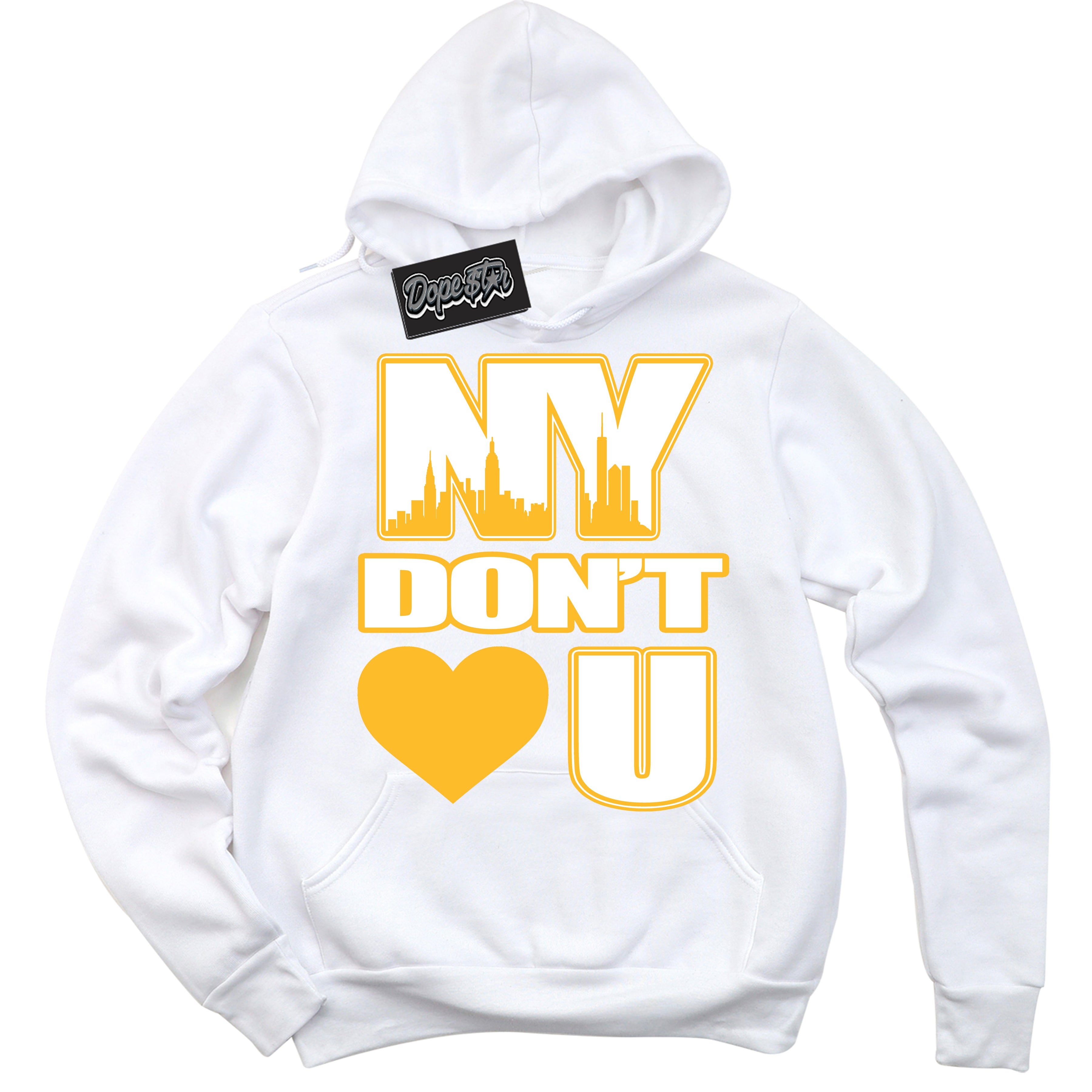 Cool White Hoodie with “ NY Don't Love You '' design that Perfectly Matches  White University Gold Sneakers.
