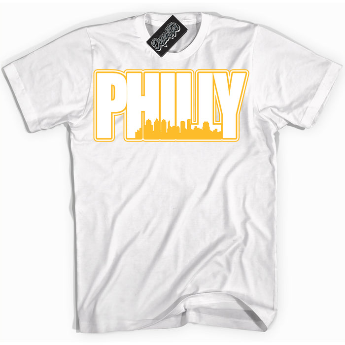 Cool White Shirt with “ Philly ” design that perfectly matches White University Gold Sneakers.