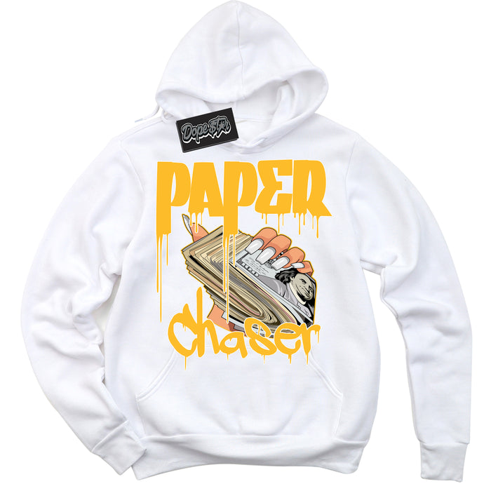 Cool White Hoodie with “ Paper Chaser '' design that Perfectly Matches  White University Gold Sneakers.