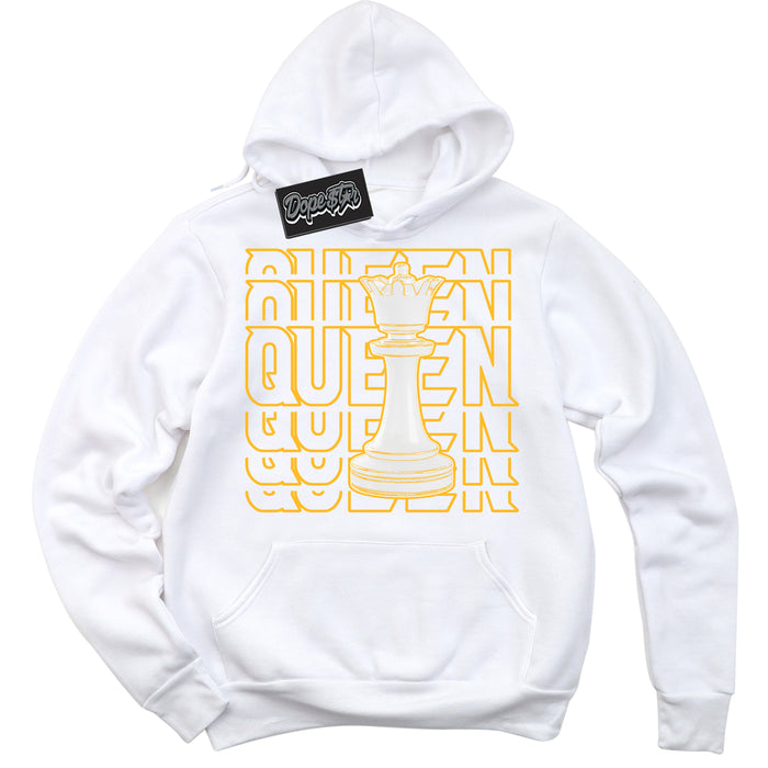 Cool White Hoodie with “ Queen Chess '' design that Perfectly Matches  White University Gold Sneakers.