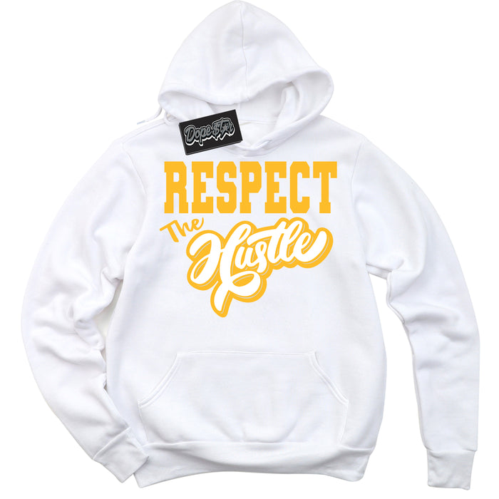 Cool White Hoodie with “ Respect The Hustle '' design that Perfectly Matches  White University Gold Sneakers.