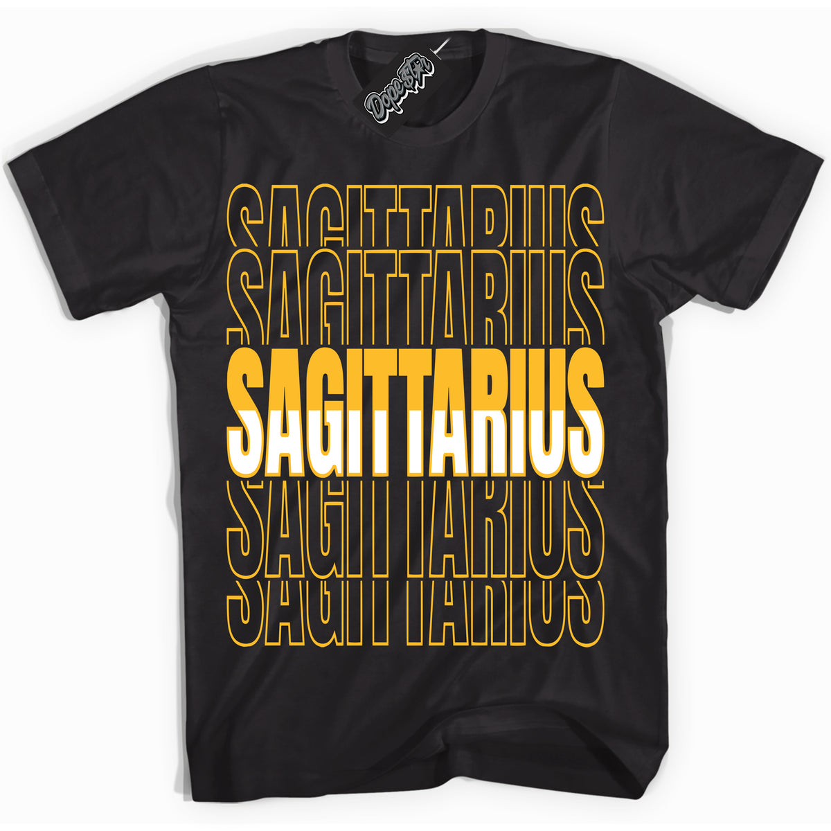 Cool Black Shirt with “ Sagittarius ” design that perfectly matches White University Gold Sneakers.