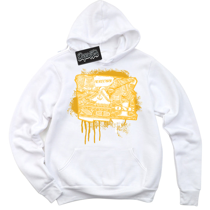 Cool White Hoodie with “ Trust No One Dollar '' design that Perfectly Matches  White University Gold Sneakers.