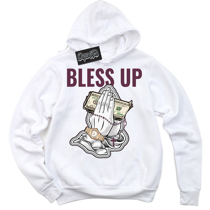 Cool White Hoodie with “Bless Up” design that Perfectly Matches White Viotech Dunks.