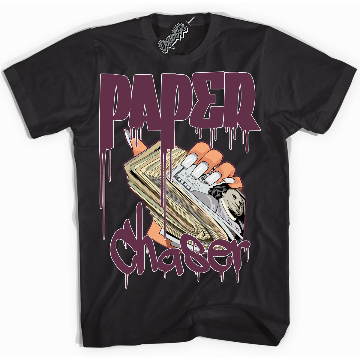 Cool Black Shirt with “Paper Chaser” design that perfectly matches White Viotech Dunks.