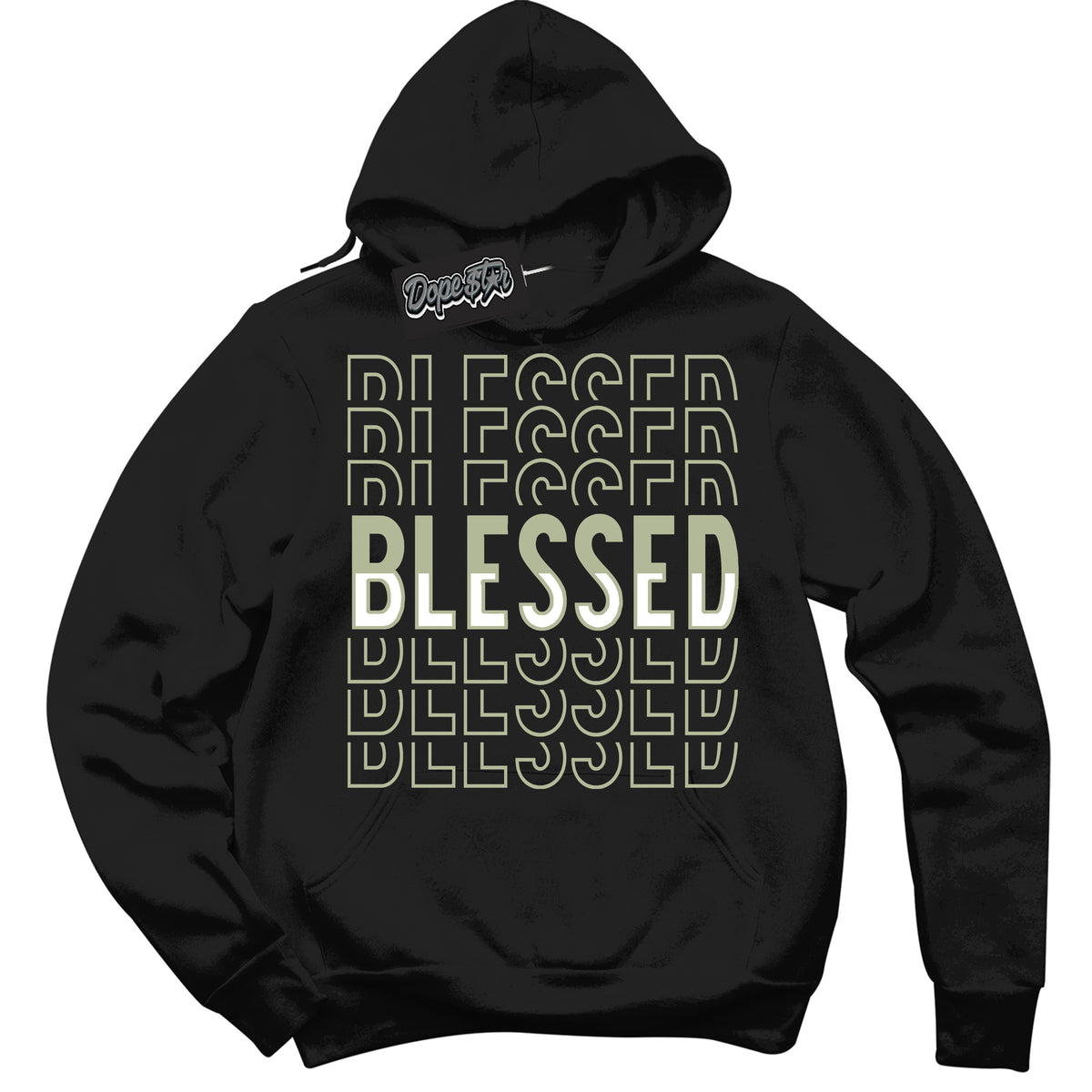 Cool Black Hoodie with “ Blessed Stacked ”  design that Perfectly Matches Next Nature Olive Aura Dunks.
