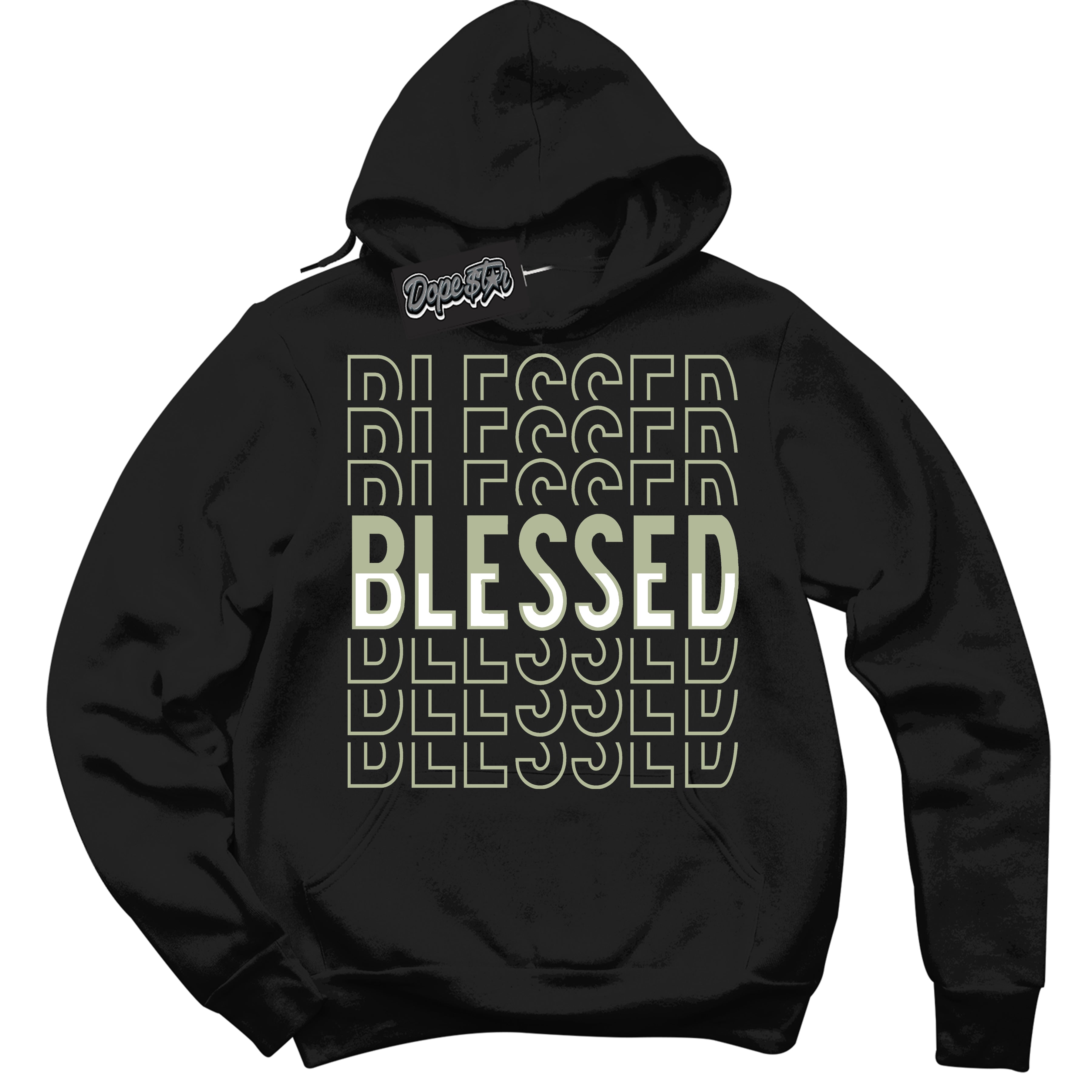 Cool Black Hoodie with “ Blessed Stacked ”  design that Perfectly Matches Next Nature Olive Aura Dunks.
