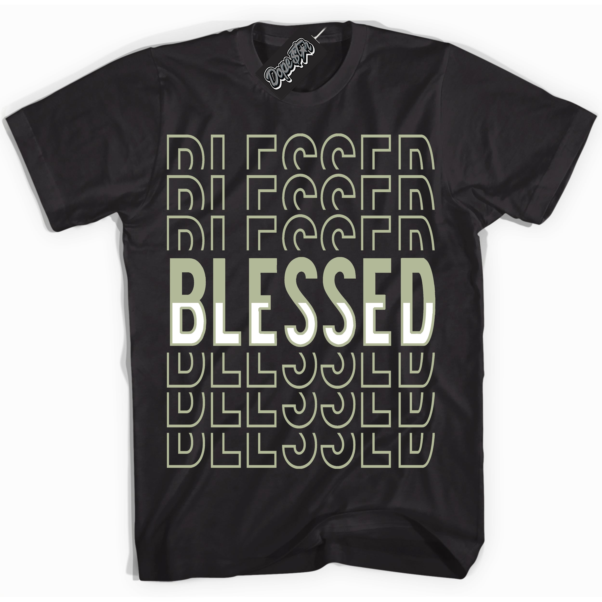 Cool Black Shirt with “ Blessed Stacked ” design that perfectly matches Next Nature Olive Aura Dunks.
