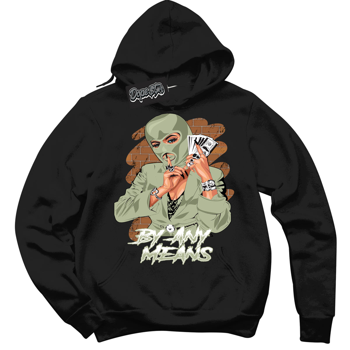 Cool Black Hoodie with “ By Any Means ”  design that Perfectly Matches Next Nature Olive Aura Dunks.
