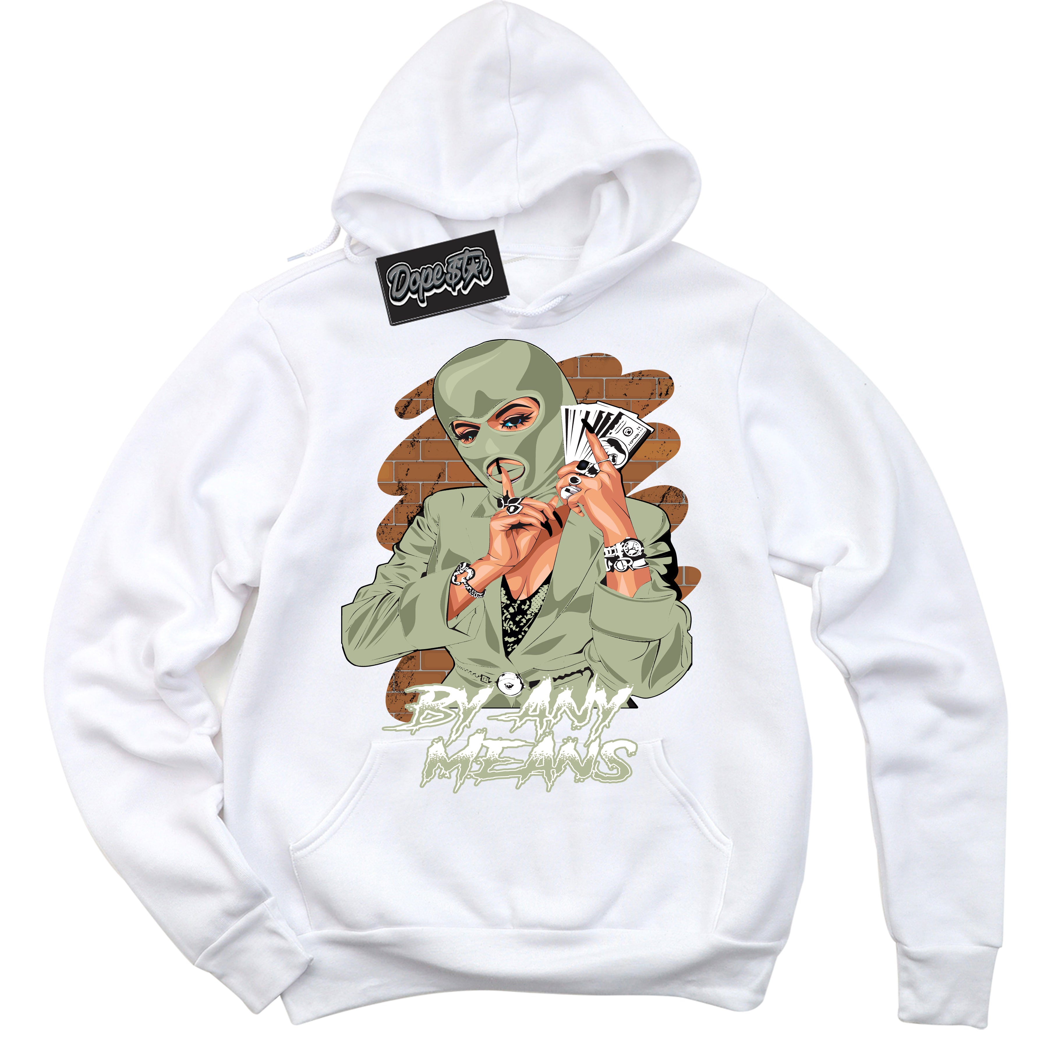 Cool White Hoodie with “ By Any Means ”  design that Perfectly Matches Next Nature Olive Aura Dunks.
