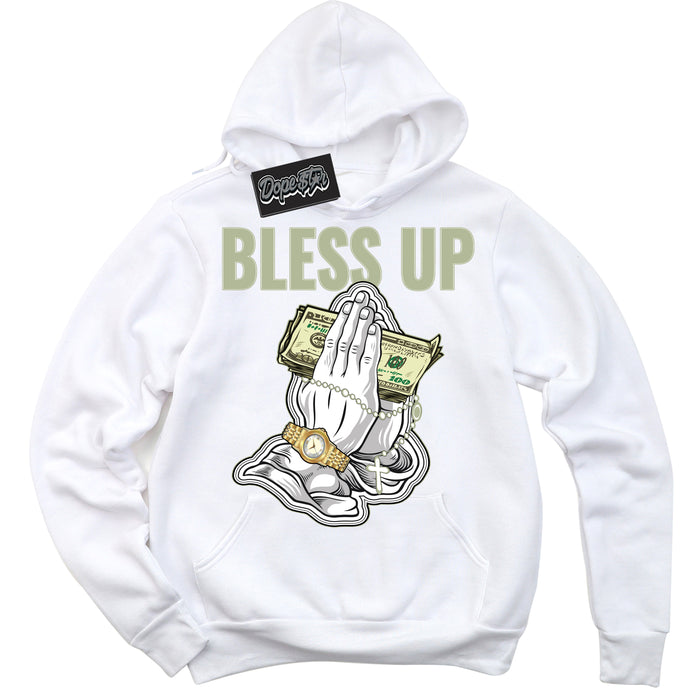 Cool White Hoodie with “ Bless Up ”  design that Perfectly Matches Next Nature Olive Aura Dunks.
