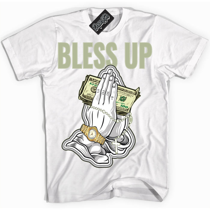 Cool White Shirt with “ Bless Up ” design that perfectly matches Next Nature Olive Aura Dunks.
