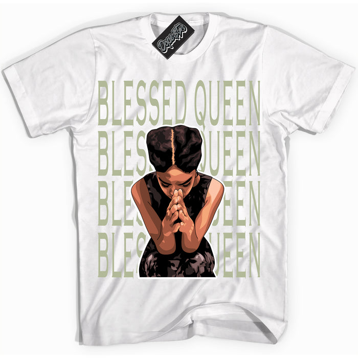 Cool White Shirt with “ Blessed Queen ” design that perfectly matches Next Nature Olive Aura Dunks.
