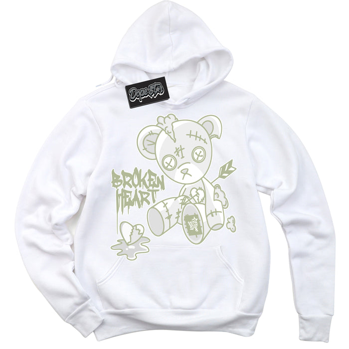 Cool White Hoodie with “ Broken Heart Bear ”  design that Perfectly Matches Next Nature Olive Aura Dunks.
