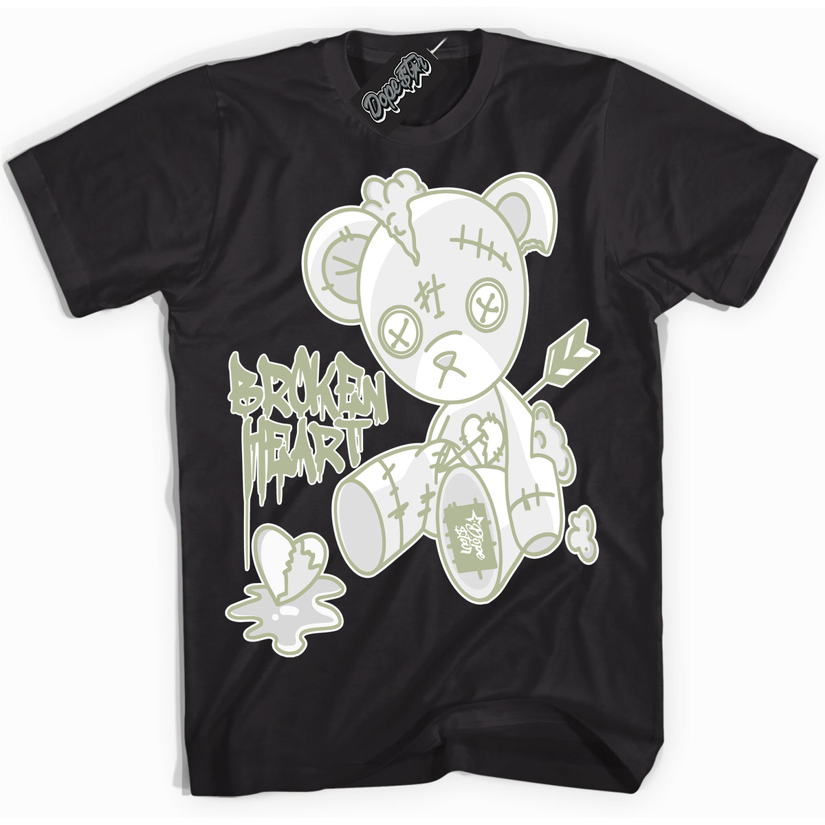 Cool Black Shirt with “ Broken Heart Bear ” design that perfectly matches Next Nature Olive Aura Dunks.
