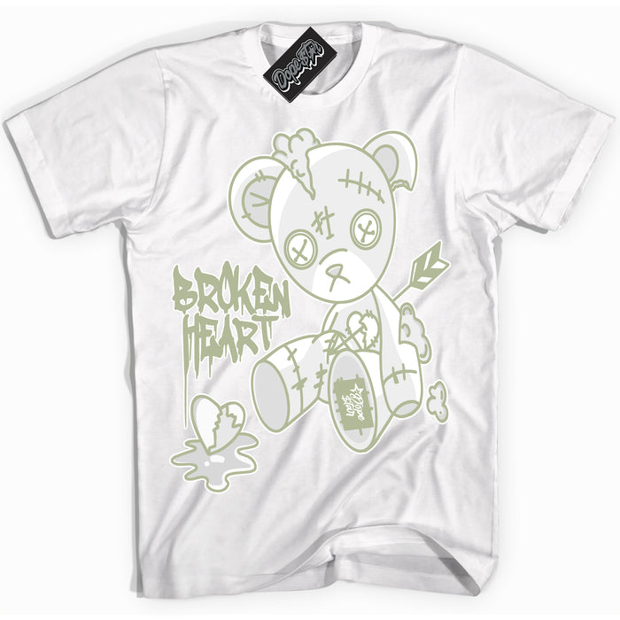Cool White Shirt with “ Broken Heart Bear ” design that perfectly matches Next Nature Olive Aura Dunks.
