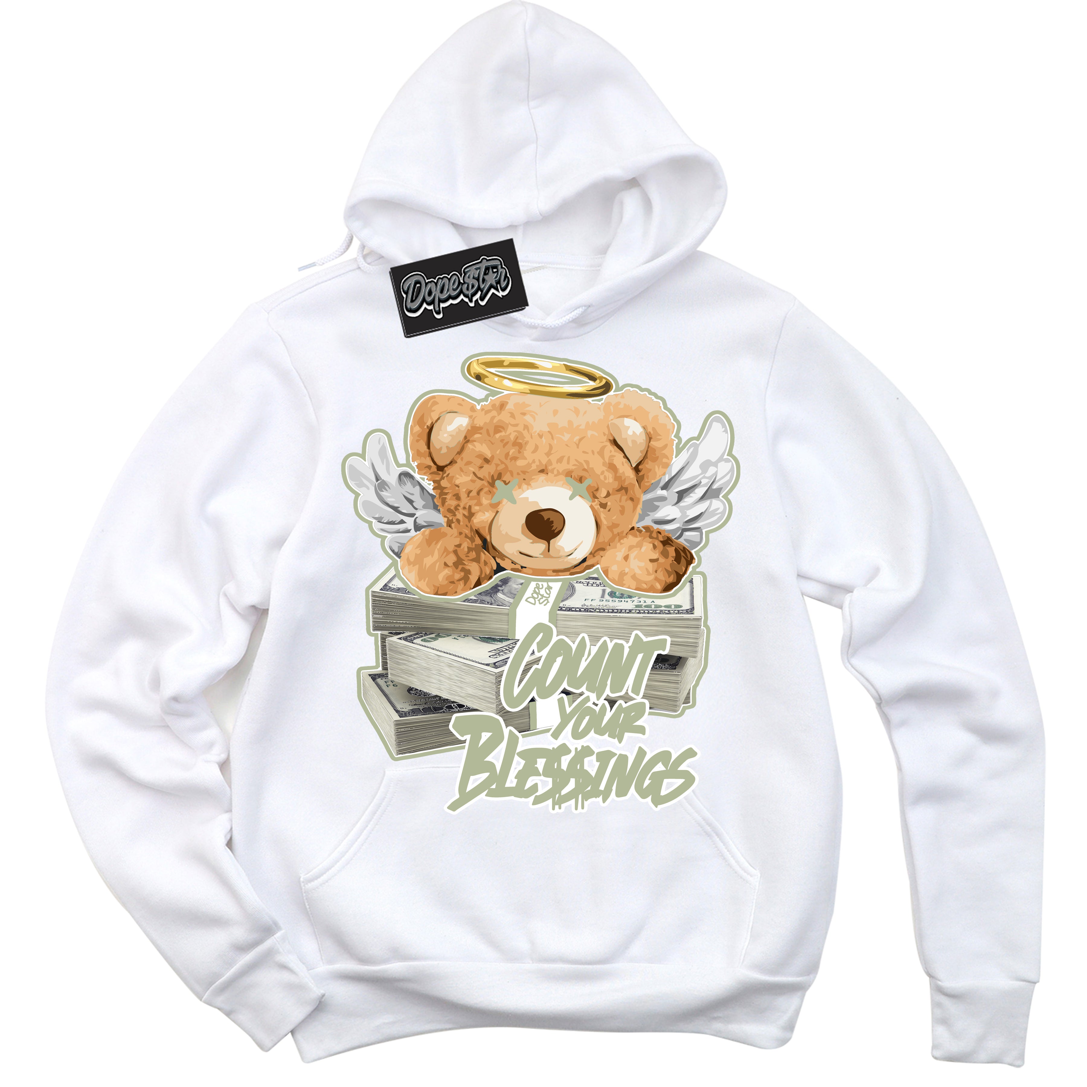 Cool White Hoodie with “ Count Your Blessings ”  design that Perfectly Matches Next Nature Olive Aura Dunks.
