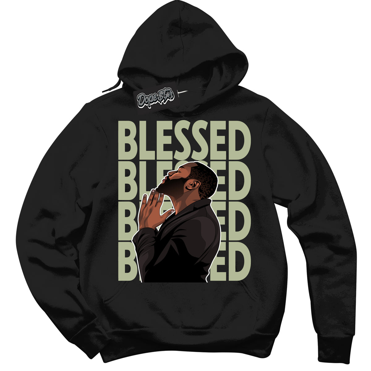 Cool Black Hoodie with “ God Blessed ”  design that Perfectly Matches Next Nature Olive Aura Dunks.
