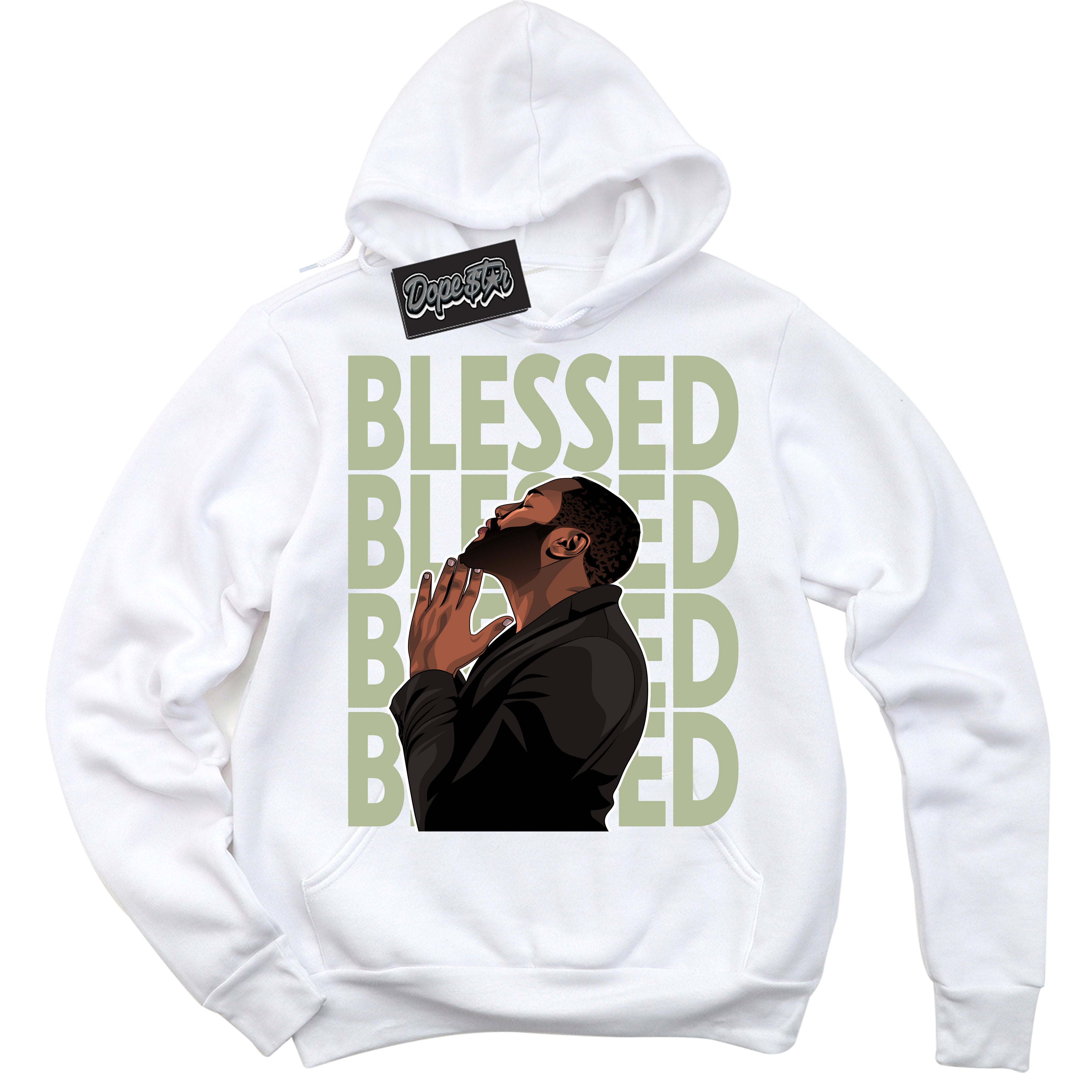 Cool White Hoodie with “ God Blessed ”  design that Perfectly Matches Next Nature Olive Aura Dunks.
