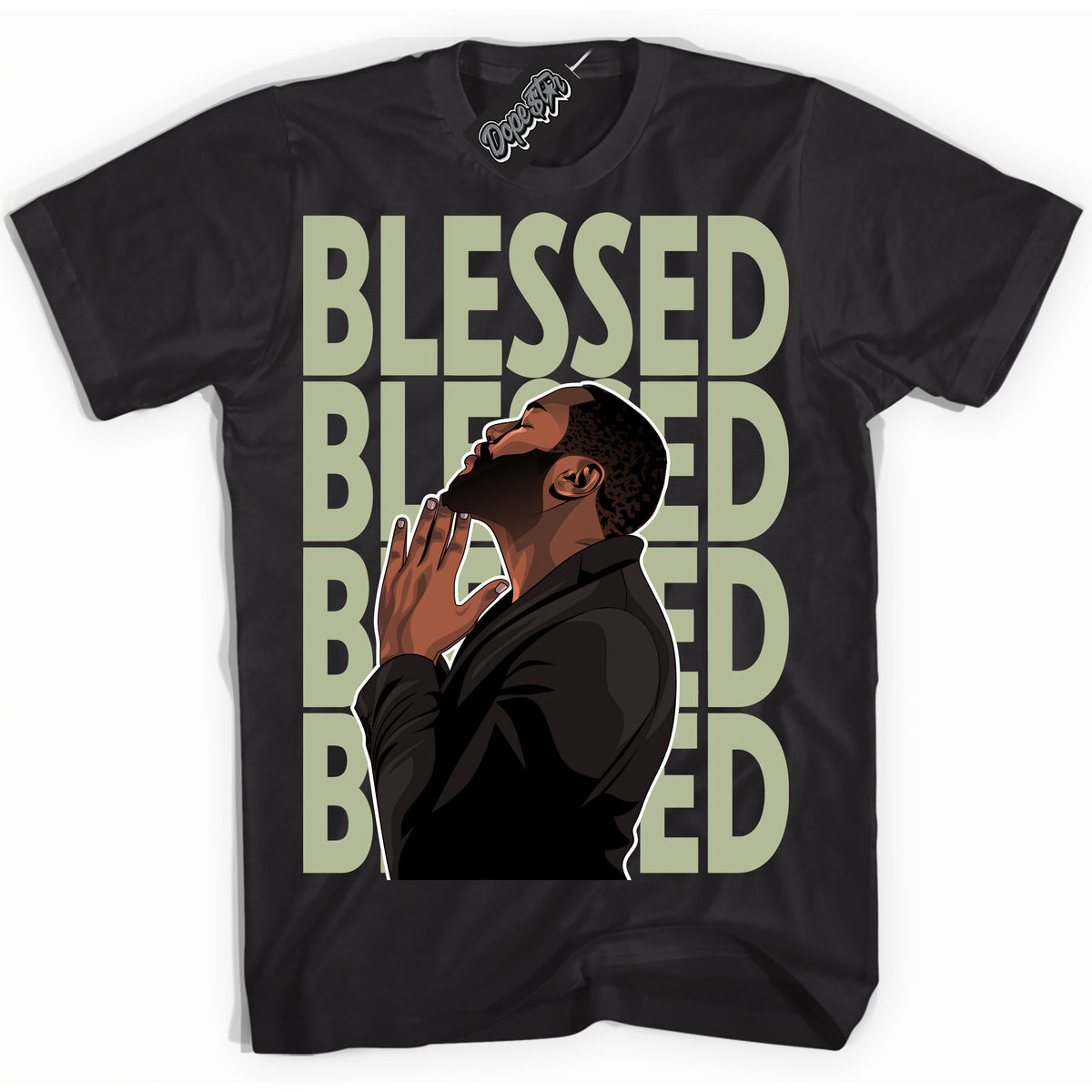 Cool Black Shirt with “ God Blessed ” design that perfectly matches Next Nature Olive Aura Dunks.
