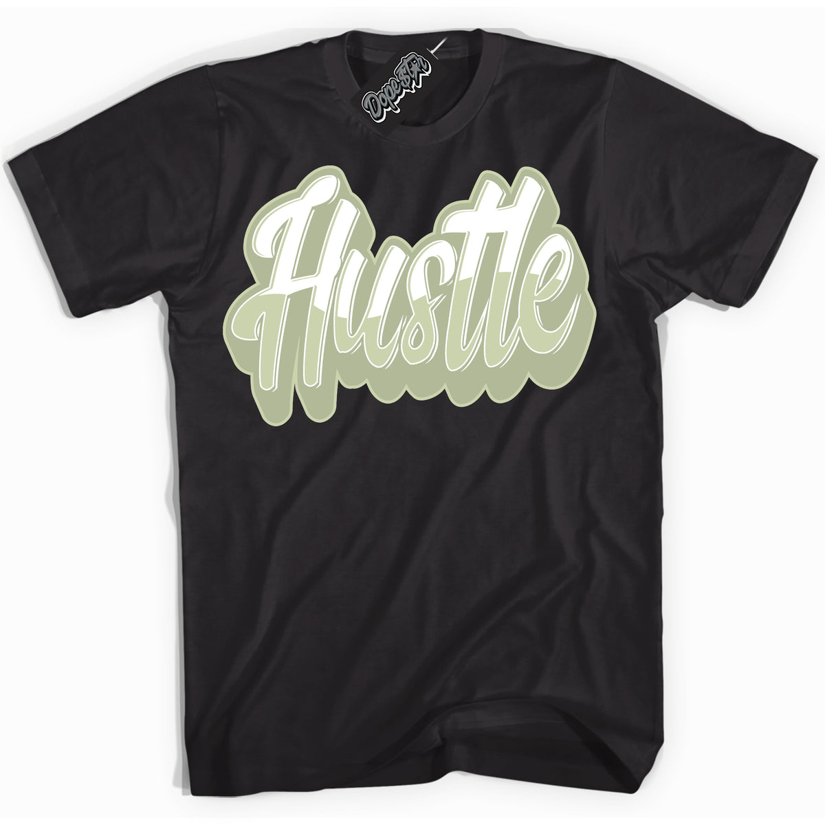Cool Black Shirt with “ Hustle ” design that perfectly matches Next Nature Olive Aura Dunks.
