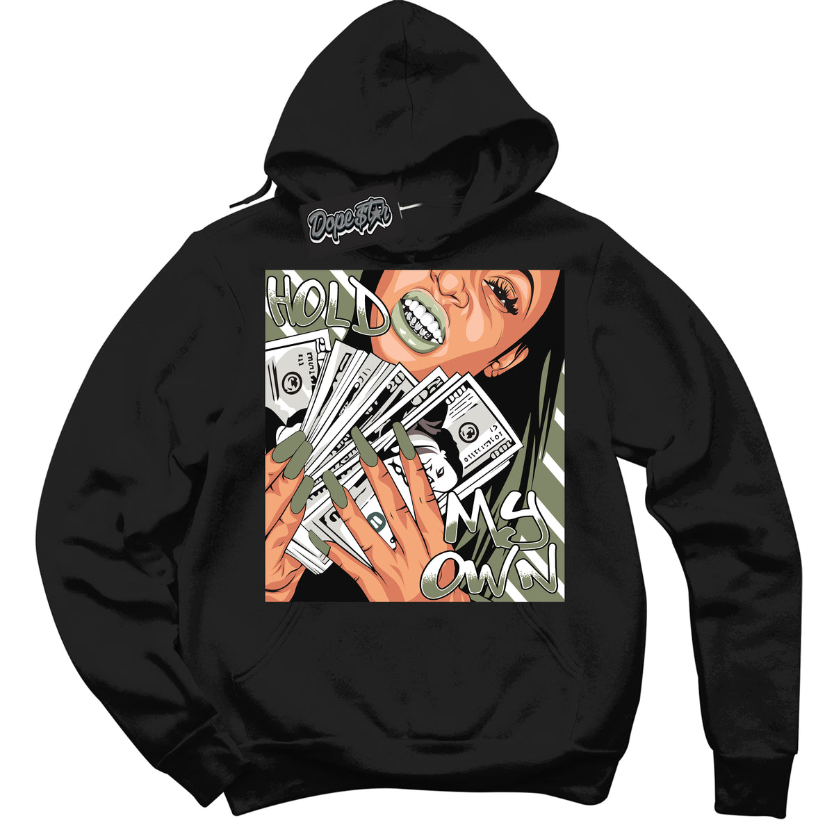 Cool Black Hoodie with “ Hold My Own ”  design that Perfectly Matches Next Nature Olive Aura Dunks.
