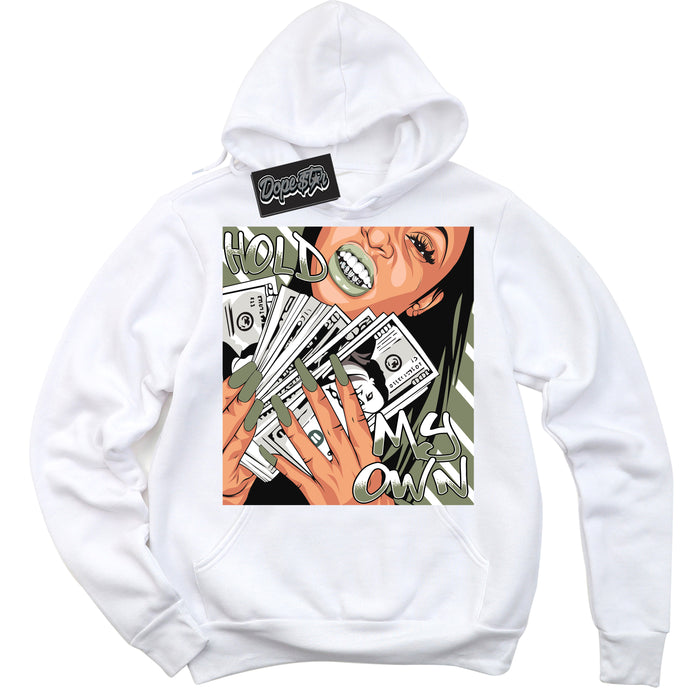 Cool White Hoodie with “ Hold My Own ”  design that Perfectly Matches Next Nature Olive Aura Dunks.
