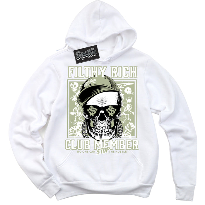 Cool White Hoodie with “ Filthy Rich ”  design that Perfectly Matches Next Nature Olive Aura Sneakers.