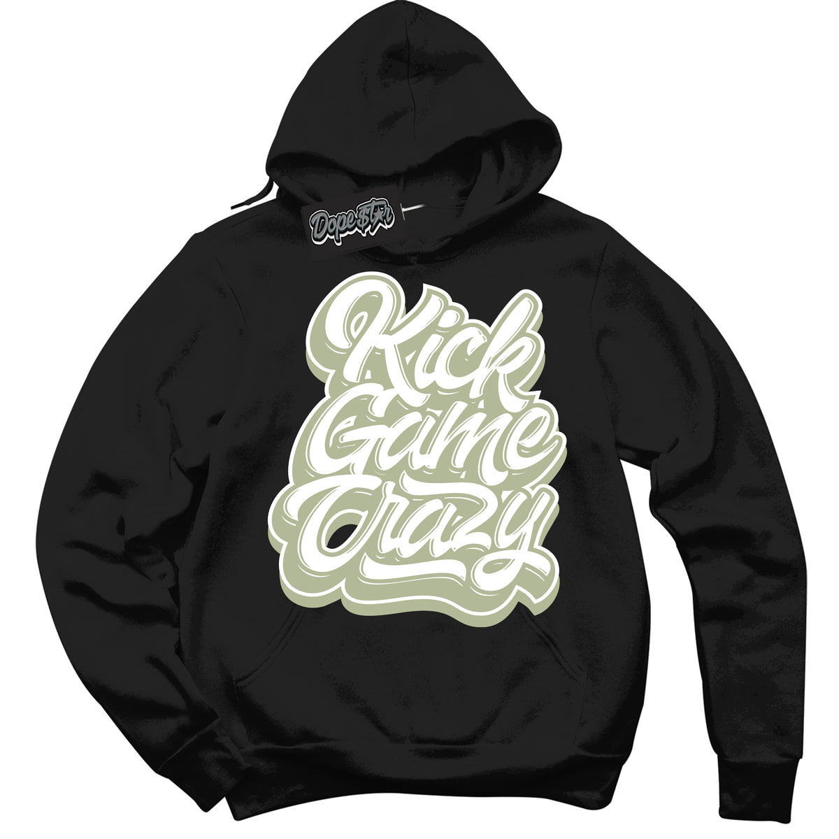 Cool Black Hoodie with “ Kick Game Crazy ”  design that Perfectly Matches Next Nature Olive Aura Dunks.
