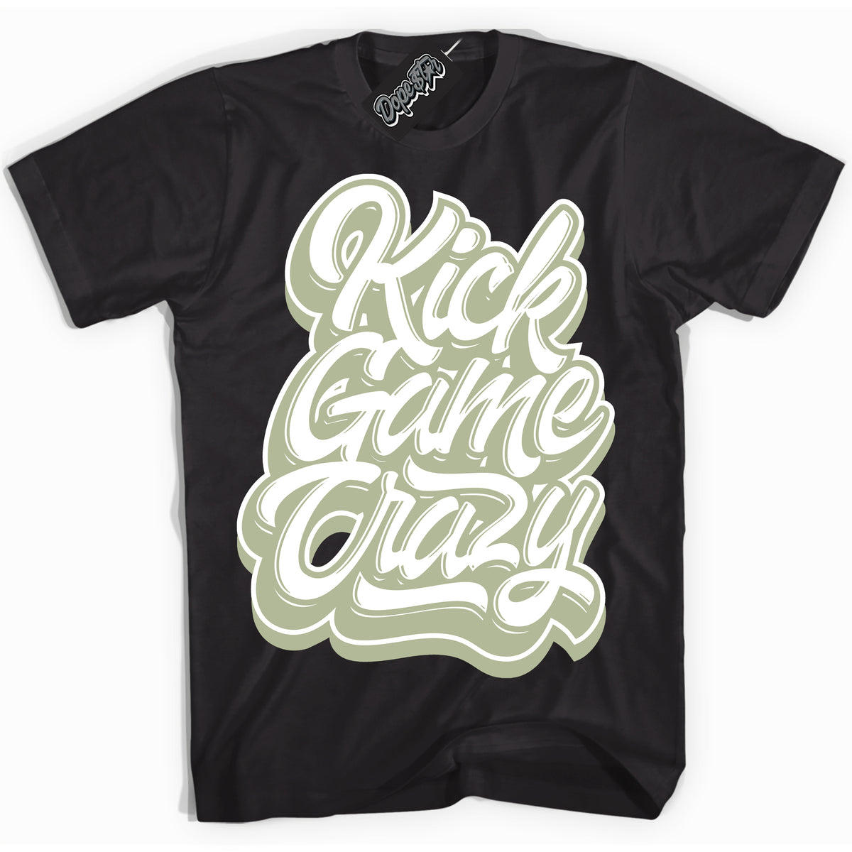Cool Black Shirt with “ Kick Game Crazy ” design that perfectly matches Next Nature Olive Aura Dunks.
