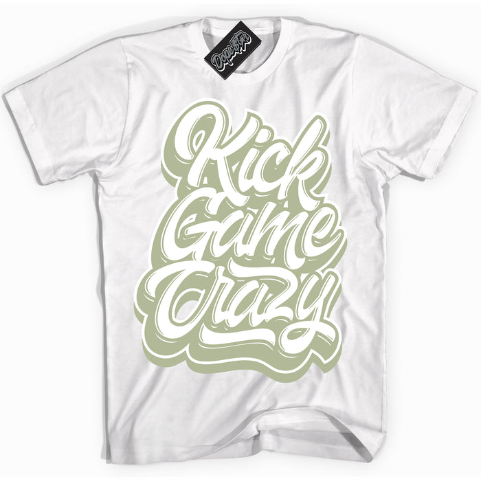 Cool White Shirt with “ Kick Game Crazy ” design that perfectly matches Next Nature Olive Aura Dunks.

