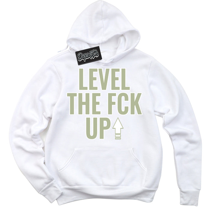 Cool White Hoodie with “ Level The Fck Up ”  design that Perfectly Matches Next Nature Olive Aura Dunks.
