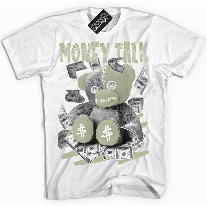 Cool White Shirt with “ Money Talk Bear ” design that perfectly matches Next Nature Olive Aura Dunks.

