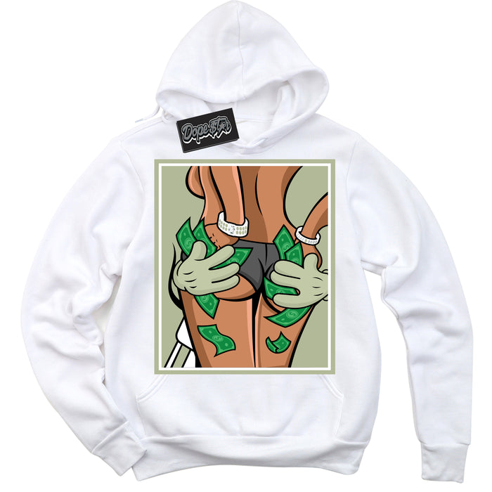 Cool White Hoodie with “ Money Hands ”  design that Perfectly Matches Next Nature Olive Aura Dunks.
