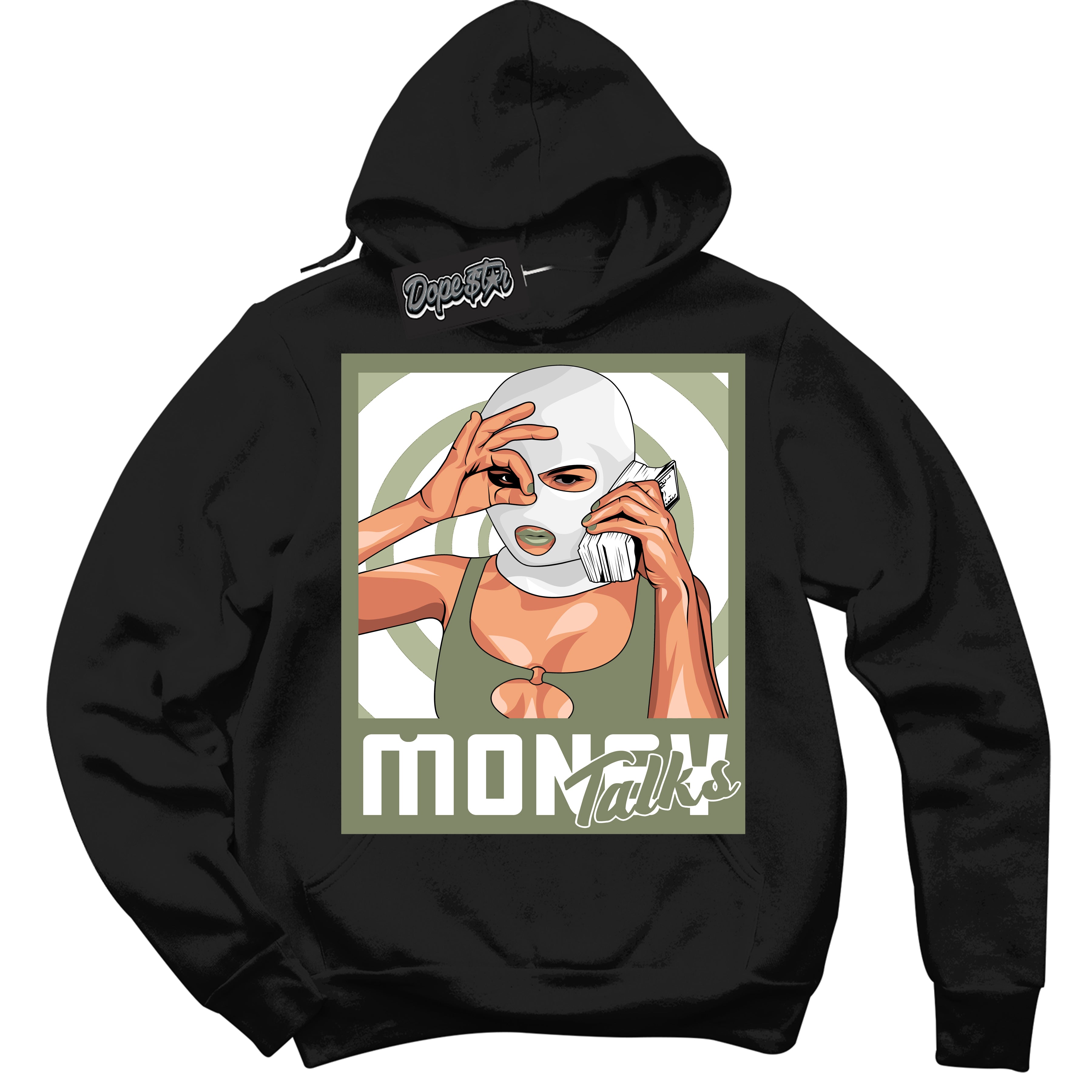 Cool Black Hoodie with “ Money Talks ”  design that Perfectly Matches Next Nature Olive Aura Dunks.
