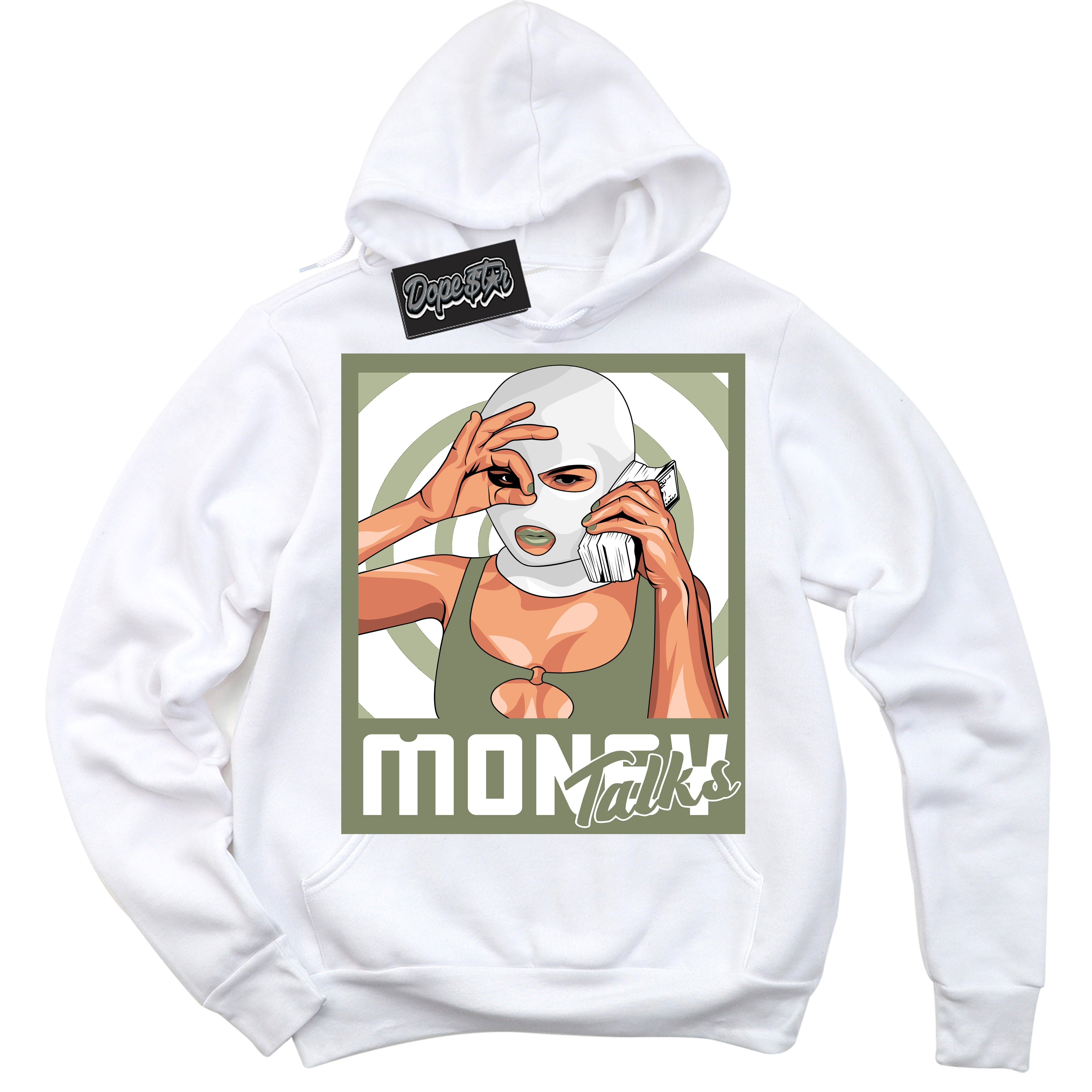 Cool White Hoodie with “ Money Talks ”  design that Perfectly Matches Next Nature Olive Aura Dunks.
