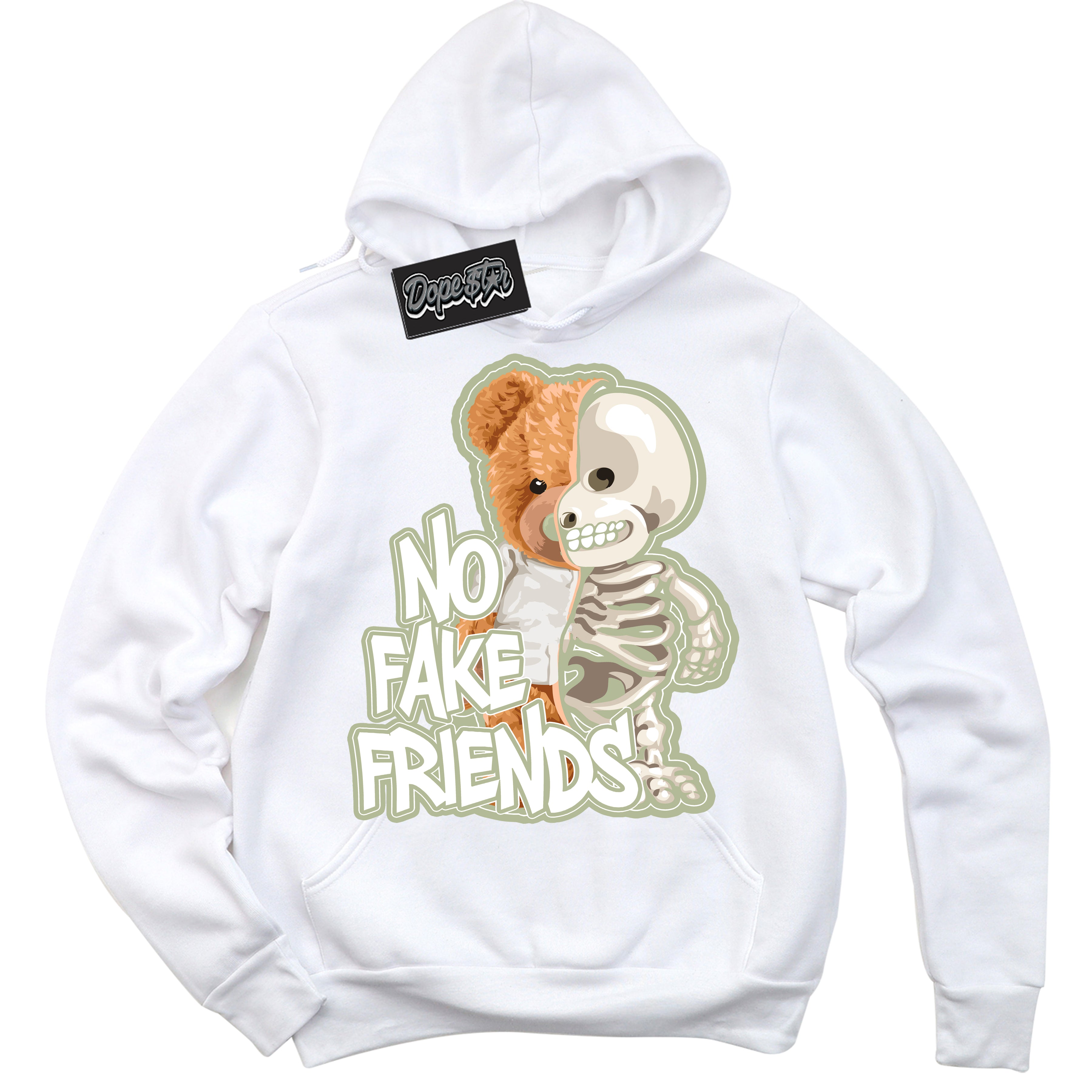 Cool White Hoodie with “ No Fake Friends ”  design that Perfectly Matches Next Nature Olive Aura Dunks.
