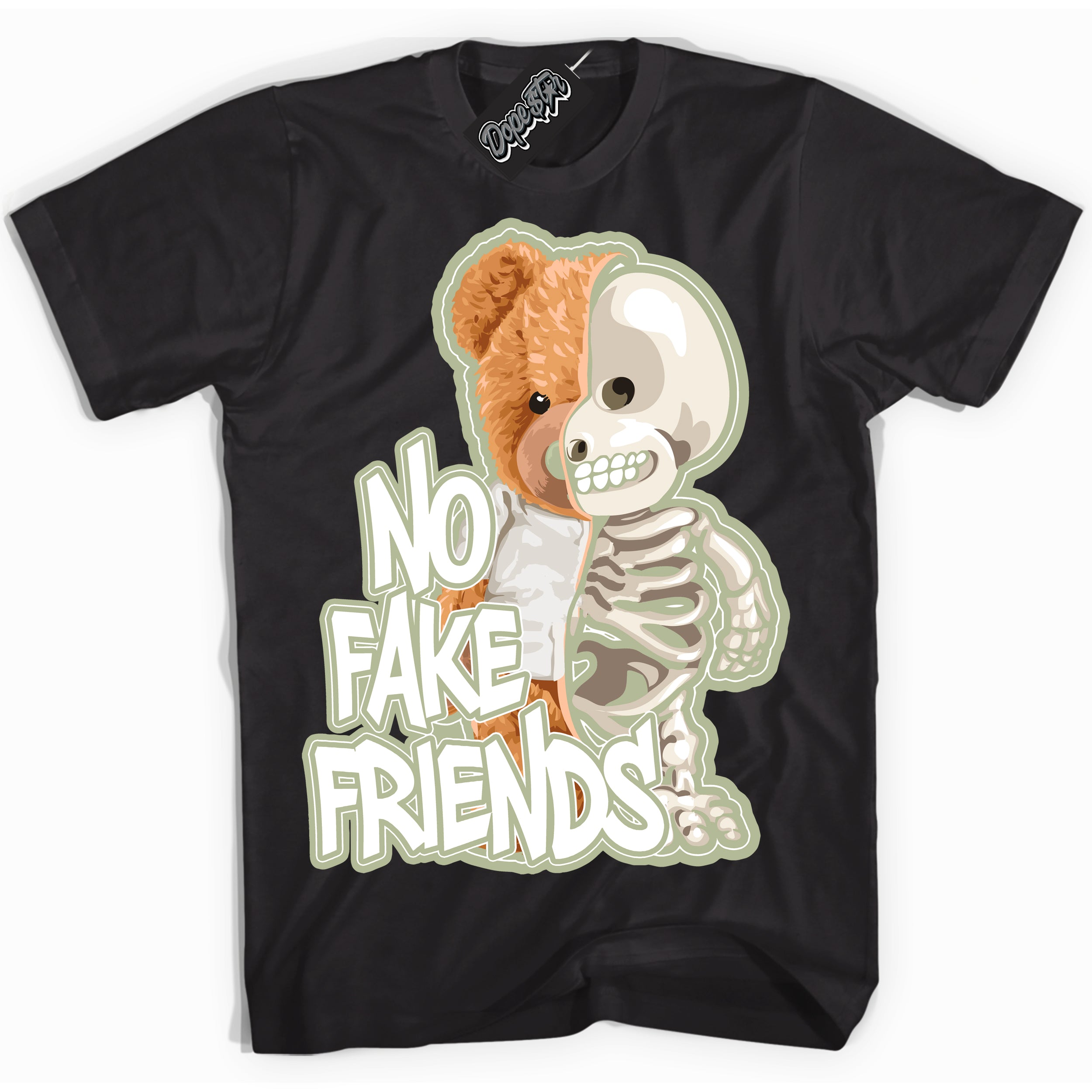 Cool Black Shirt with “ No Fake Friends ” design that perfectly matches Next Nature Olive Aura Dunks.
