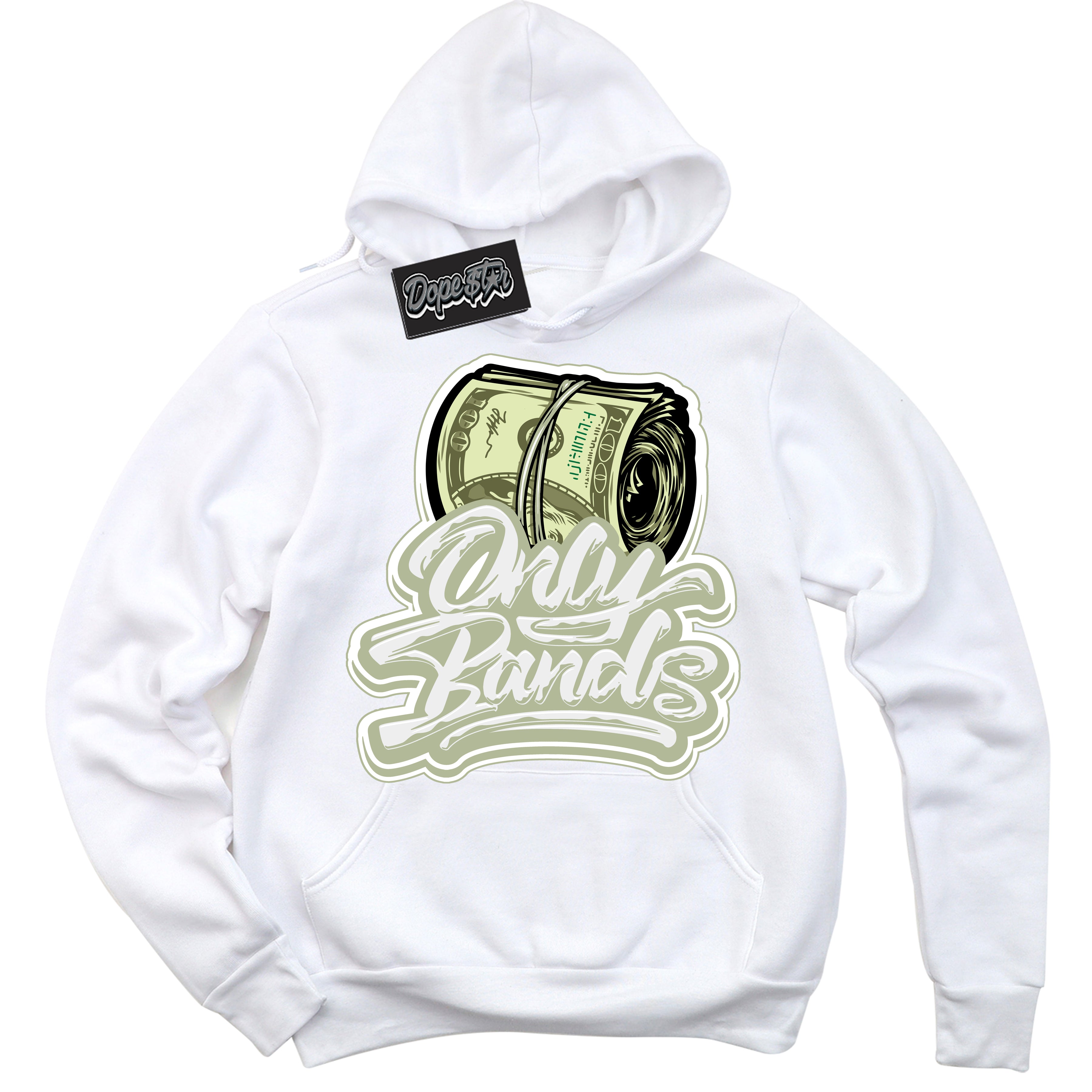 Cool White Hoodie with “ Only Bands ”  design that Perfectly Matches Next Nature Olive Aura Dunks.
