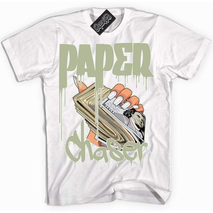 Cool White Shirt with “ Paper Chaser ” design that perfectly matches Next Nature Olive Aura Dunks.

