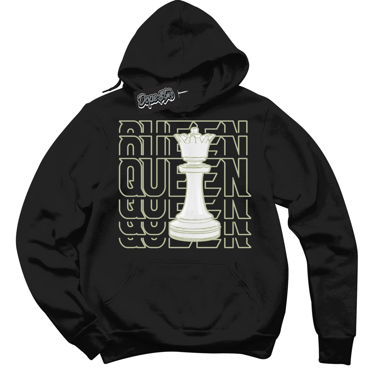 Cool Black Hoodie with “ Queen Chess ”  design that Perfectly Matches Next Nature Olive Aura Dunks.
