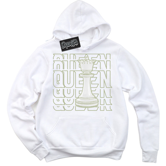 Cool White Hoodie with “ Queen Chess ”  design that Perfectly Matches Next Nature Olive Aura Dunks.
