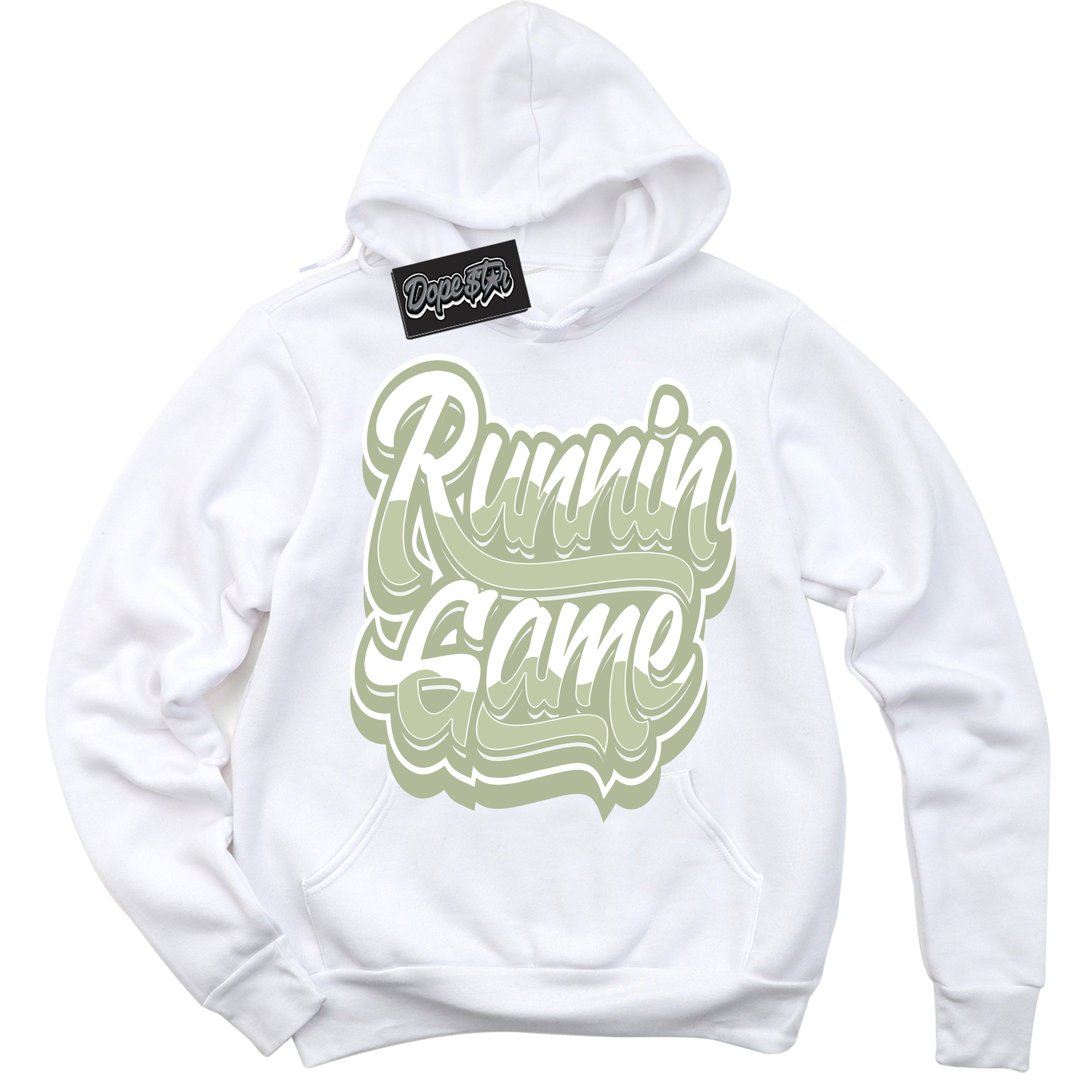 Cool White Hoodie with “ Running Game ”  design that Perfectly Matches Next Nature Olive Aura Dunks.
