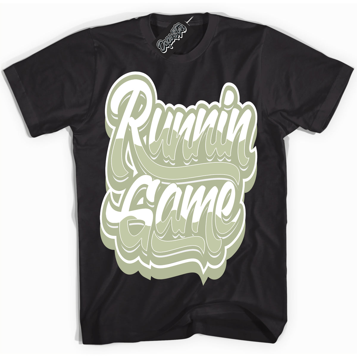 Cool Black Shirt with “ Running Game ” design that perfectly matches Next Nature Olive Aura Dunks.

