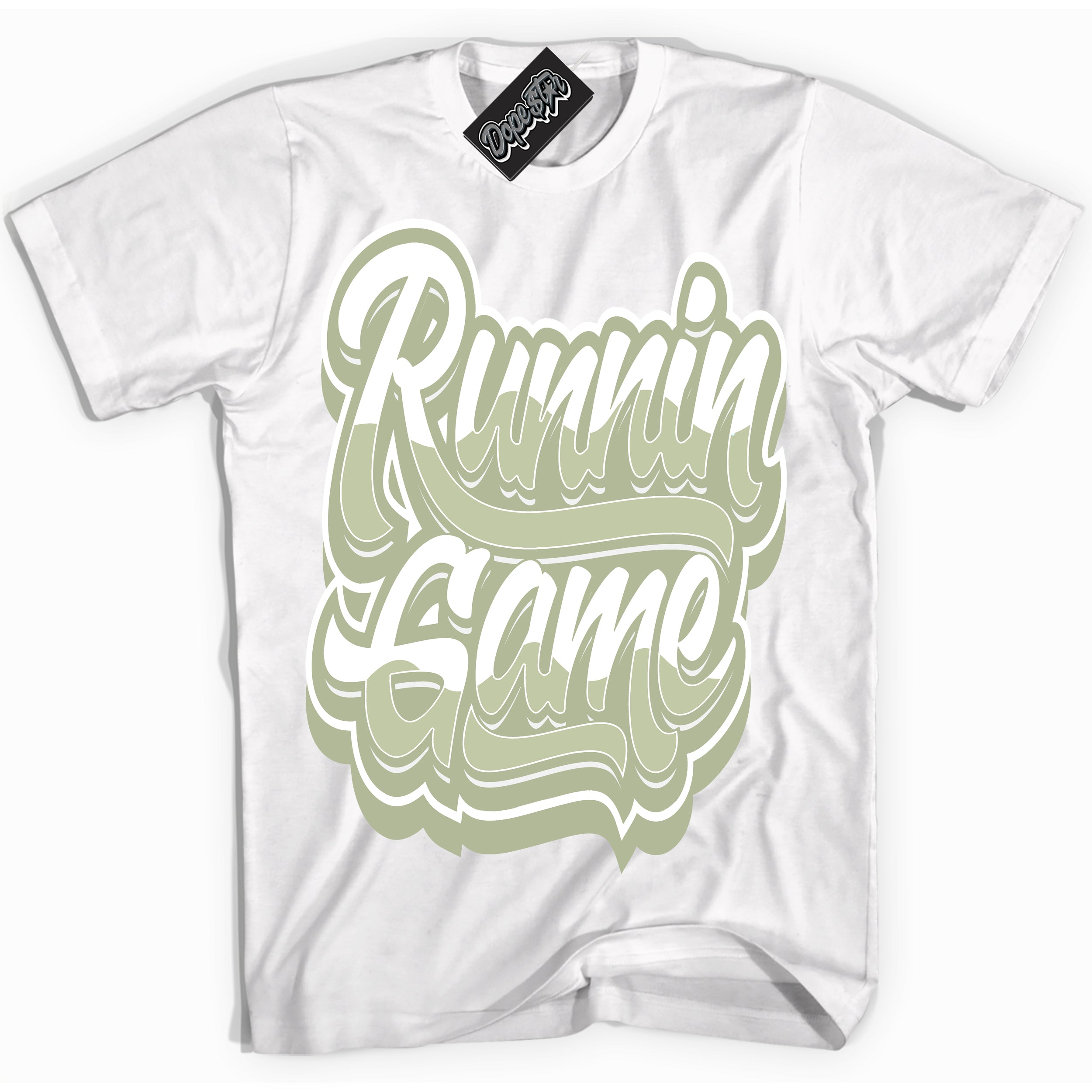 Cool White Shirt with “ Running Game ” design that perfectly matches Next Nature Olive Aura Dunks.
