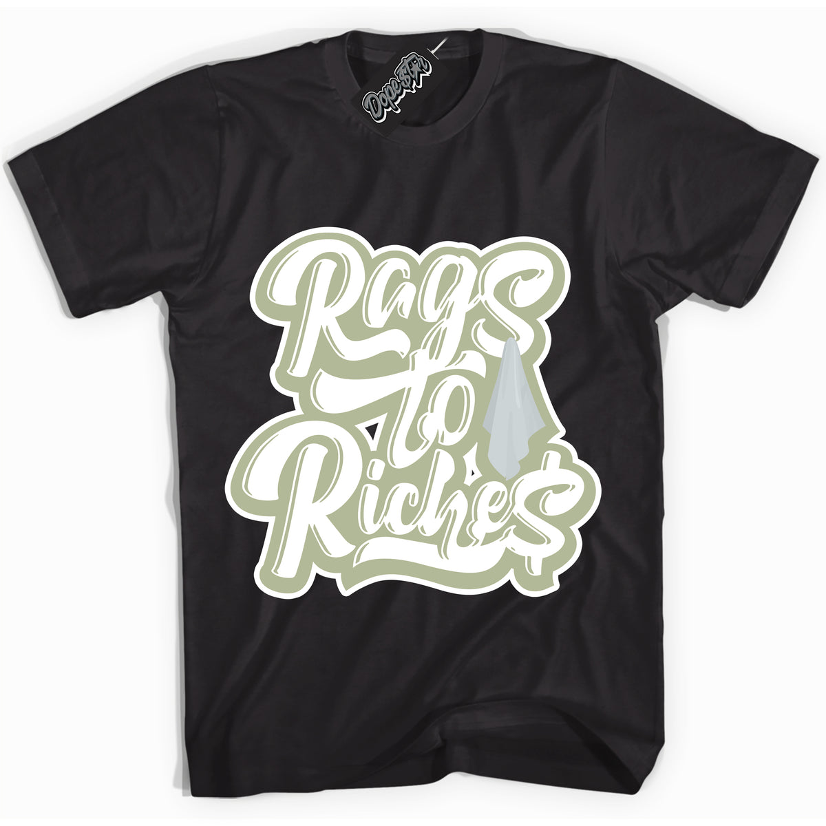 Cool Black Shirt with “ Rags To Riches ” design that perfectly matches Next Nature Olive Aura Dunks.
