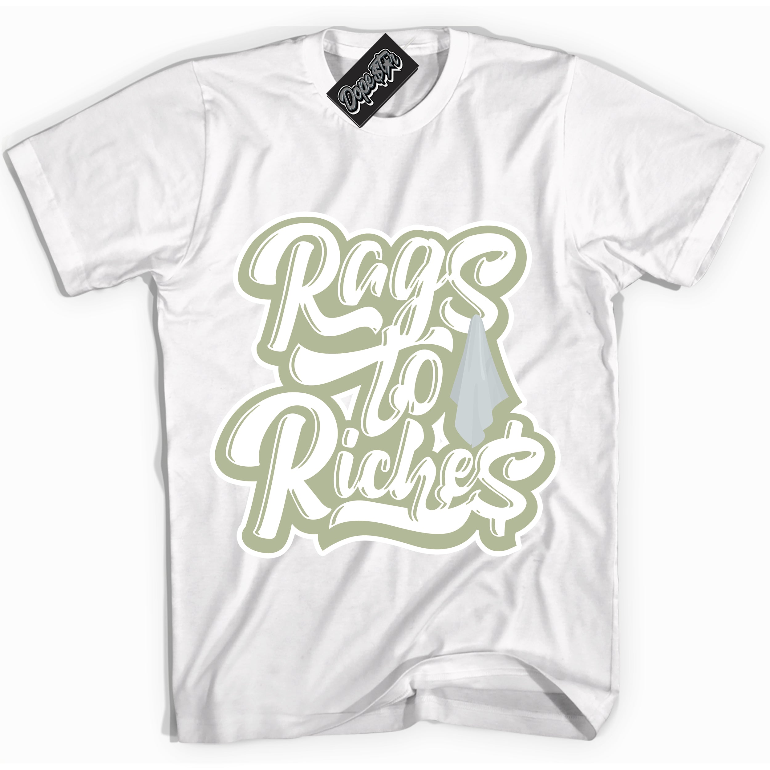 Cool White Shirt with “ Rags To Riches ” design that perfectly matches Next Nature Olive Aura Dunks.
