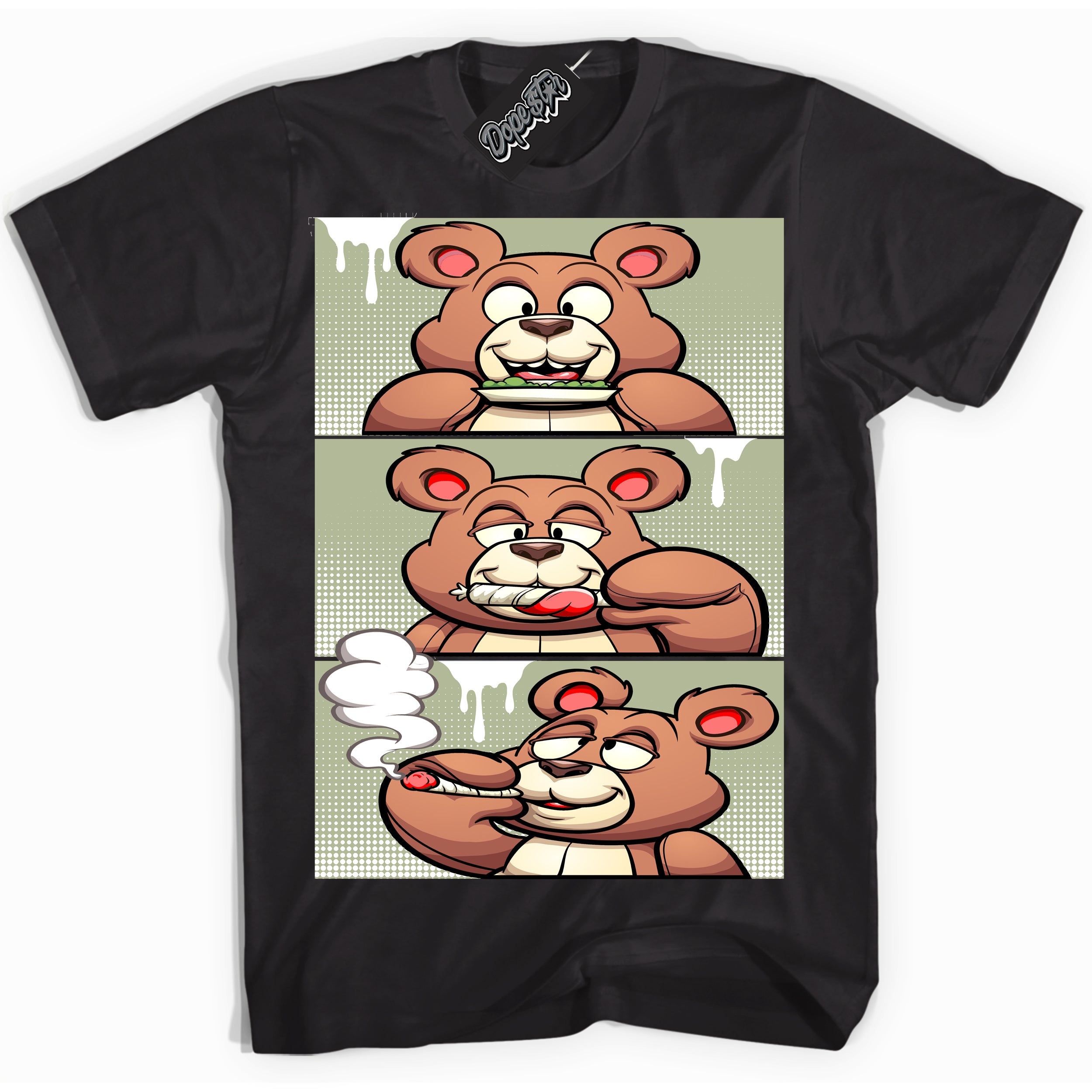 Cool Black Shirt with “ Roll It Lick It Smoke It Bear ” design that perfectly matches Next Nature Olive Aura Dunks.
